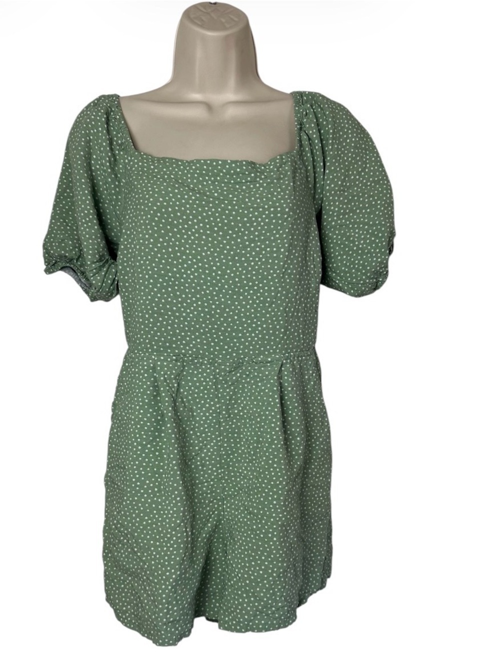 LOFT Green Polka Dot Puff Sleeve Romper